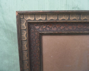 Carved wood frame / vintage empty picture frame with glass brown gold