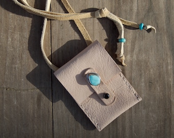 Leather Necklace Pouch . Sterling Silver .Kingman Turquoise . Medicine Pouch . Crystal Pouch . Necklace