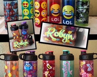 Personalized Kids Water Bottle - Pineapple Water Bottle-Back to School -School lunch- Mermaid Water Bottle - Emoji Water Bottle-Camo Water