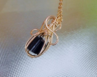 Small Black Tourmaline natural crystal 14k gold filled wire wrapped pendant