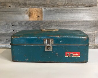 Western Auto Revelation Utility BOX Industrial Metal Tool Box- Tackle Box- Teal Green- Art Supply Box Organizer- Vintage Industrial Carrier