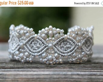 SALE Micro-Macrame Beaded Cuff Bracelet - silver