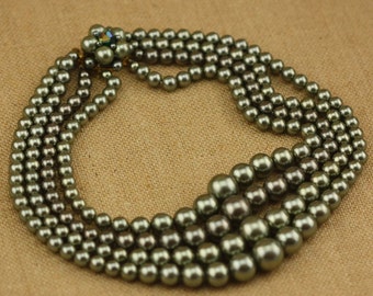 Four Strand Faux Pearl Necklace in Green - Vintage Costume Jewelry