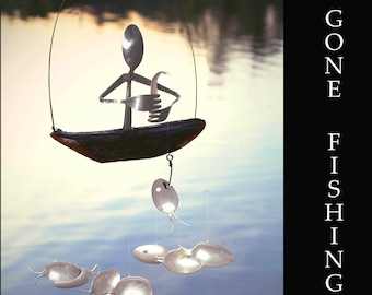 Flatware Fisherman Driftwood Dingy Wind Chime Metal Garden Art Silverware Windchime Recycled Flatware Tools Fishing Decoration Wooden Boats