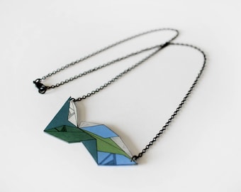 Geometric Necklace, colourful unique shrink plastic necklace, metal chain jewelry, nickel free, green and blue jewellery