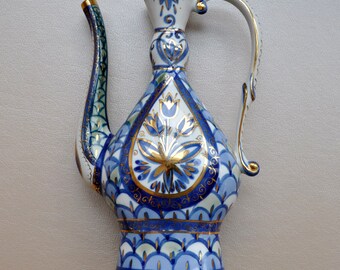 Porcelain handmade jug. Vintage pitcher. Kislovodsk Porcelain Factory "Phoenix" 1970s. Hand painted. Porcelain, cobalt, gilding.