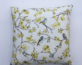 Bird Pillow Cover, Bird Cushion Cover, Yellow Floral, Spring Blossoms, Easter Decor, 14x14, 16x16, 17x 17, 18x18, 20x20 22 x 22. 24 x 24