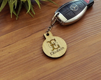 Wood Engraved Key chain, Custom Wood Key chain, Engraved Wood Keychain, Newlywed Gift, Personalized Wood Keychain, --KEY-WOOD-Elizabeth