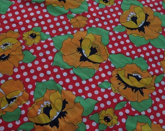 Vintage MOD Red Polka Dot Orange Poppies Slinky Yardage Fabric