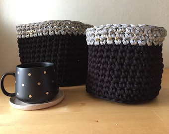 Black and Gold Crochet Basket Pair