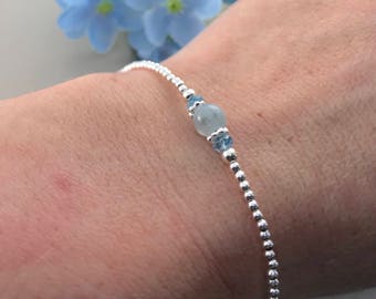 Aquamarine Bracelet, March Birthstone, Dainty, Thin, Sterling Silver, Birthstone Bracelet