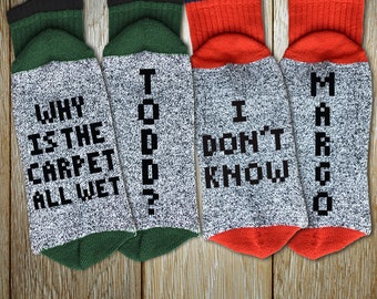 Couples Socks Holiday Set "Why Is The Carpet All Wet Todd - I Don't Know Margo" Unisex Thermal Crew Socks for Christmas, Ugly Sweater Party