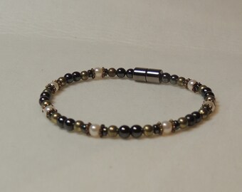Pearls, Antique Gold, and Magnetic Hematite Bracelet