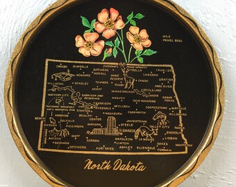 North Dakota Souvenir State Tray Peace Garden State Wild Praire Rose Black Gold