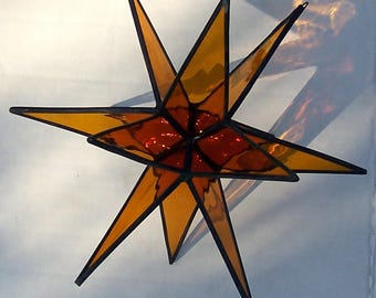 Gold Moravian Star, Stained Glass Star, stars, 12 Point Star, Ornament, Home Decor, Hanging Suncatcher, Art Glass, Tiffany Glass Star, Gift