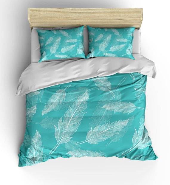 Items similar to Teal Feather Design Bedding, Duvet Set,LUXE Weight