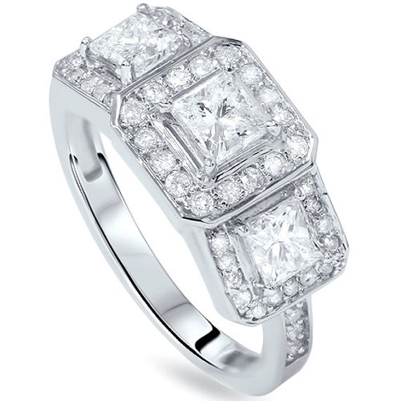 1.40CT Princess Cut Diamond 3 Stone Engagement Ring Halo 14K