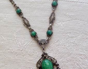 Vintage Necklace Peking Glass Filigree Metal