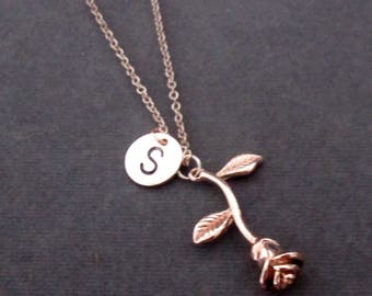 Rose Gold Rose Necklace,Rose Flower Charm,Rose Gold Initial Necklace,Rose Necklace, Rose Gold Jewelry, Bridesmaid Gift, Free Shipping In USA