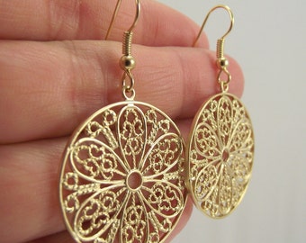 Gold Filigree Medallion Earrings, Gold Earrings, Round Filigree Jewelry, Gift for Her, Gift under 25