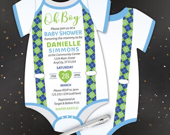 Bowtie baby shower invitation set blue Suspenders invitation