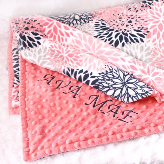 Coral Personalized Blanket, 48 x 60 Girl Toddler Blanket, Minky Blanket, Floral Blanket, Flower Blanket, Kids minky Blanket, Minky Throw