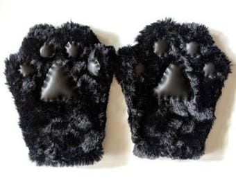 Black Cat Paw Gloves for kids and adults, Hand Sewn Fur Mittens