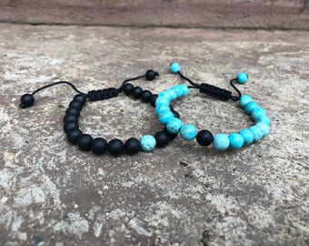ADJUSTABLE Turquoise Distance Bracelets Set - Turquoise & Black Matching Pair - Long Distance - For Friendships/relationships/couples