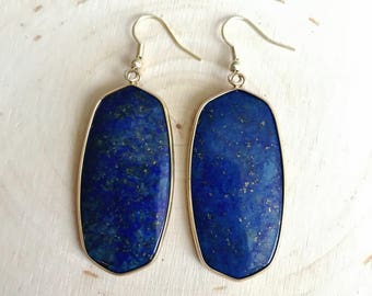 Navy Blue Drop Earrings // Lapis Lazuli Oval Earrings // Blue Dangle Earrings // Gold Earrings