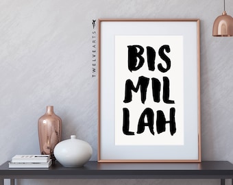 Bismillah, print, Islam typography, black & white, Islamicprint