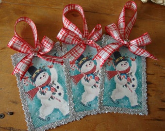Vintage Snomwan ornaments tags retro christmas snowman large paper ornaments gift tags wrapping aqua and red Christmas home decor