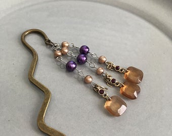 Dangle Shepherds Hook Bookmark Beaded Purple and Topaz Yellow Book Club