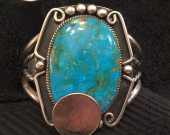 Vintage Sterling Silver Blue Gem Turquoise Cuff Bracelet