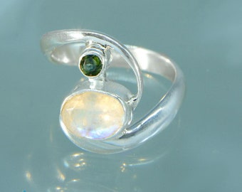 Rainbow Moonstone & Green Tourmaline Gemstone Ring Size 8 SR551