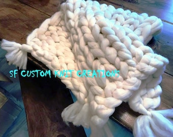 Chunky Knitted Snowy White Baby Blanket with tassles