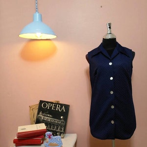 Vest Blouse.Women Dots Blouse.Womens Vest.70's Vest.Vintage Blouse.1970 Jacket.Retro. Blue DotsVintage Blouse For Women 1970's Size M