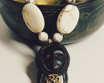 Om Earth Goddess Clay Pendant Ammonite Fossil Magnesite Bohemian Necklace