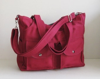Sale - Maroon Canvas All purpose Bag - 3 Compartments - Shoulder bag, Diaper bag, Messenger bag, Tote, Travel bag