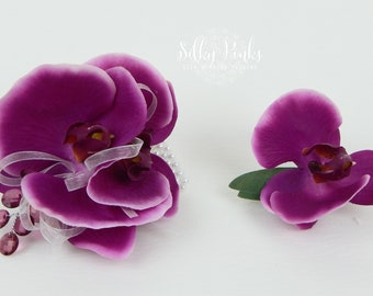 Orchid Wrist Corsage & Boutonniere, Wedding Corsage, Deep Pink Orchid Corsage, Prom Corsage, Wedding Flower,