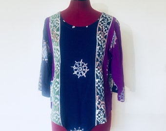 Vintage Purple Batik Tunic Top Quarter Sleeves Boho Size XS S M by Spirit Oregon
