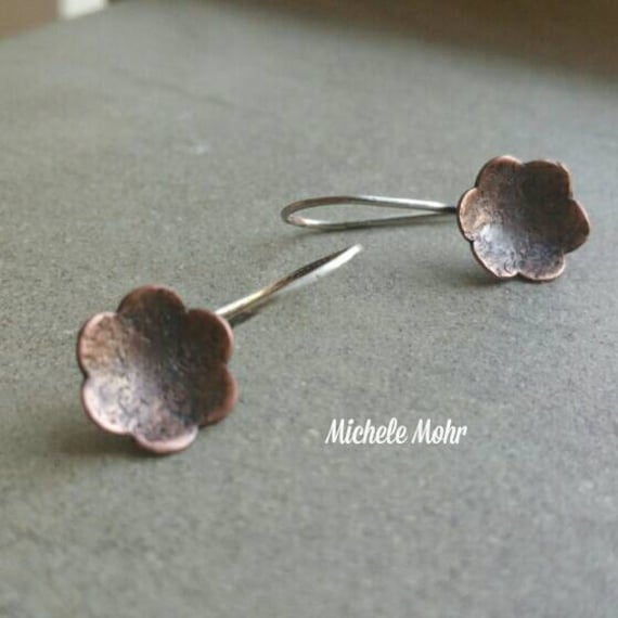 Hammered Copper and Sterling Silver Flower Earrings
