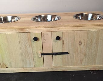 Rustic Dog Feeding Station with Cabinet, Triple Diner Feeder, 3 Bowl Pet Feeder Station, Wooden Feeder Station, Primitive Dog Feeding Statio