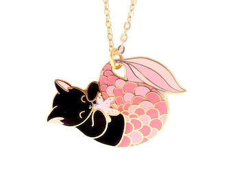 Pink Purrmaid Necklace (mermaid cat mermaid necklace enamel jewelry cute cat jewelry black cat necklace cloisonne gift for cat lover)