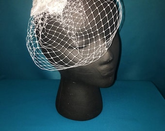 Warm White Birdcage Veil with Hand Beaded Lace