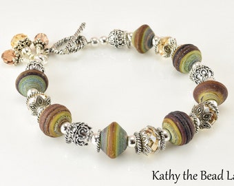 Lampwork Bracelet - Lampwork and Swarovski Crystal Bali Silver Bead Bracelet - KTBL
