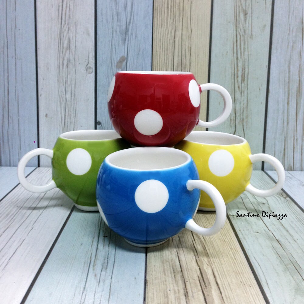 Polka Dot Tea Cup Set Yellow Red Blue Green Retro Kitchen