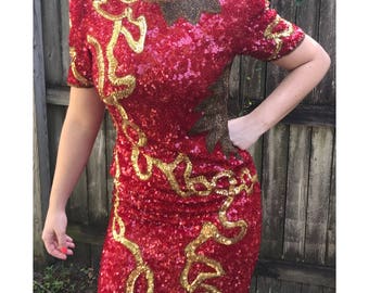 Medium Red & Gold Sequin Beaded Laurence Kazar Vintage Dress / Fully Lined / Silk Dress