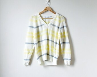 80s Pastel Striped Sweater - Yellow & Cream Sweater - 80s Sweater Vintage Sweater 80s Clothing - 80s Pastel Sweater - V-Neck Sweater Men's M