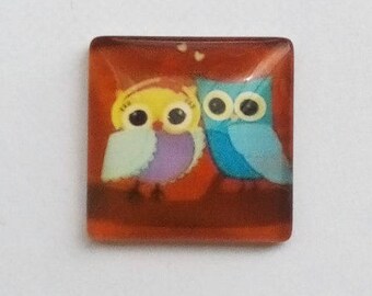 square cabochon, 20mm, 2 adorable owls