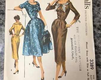1955 McCalls Sewing Pattern 3389 Misses Fit and Flare Bow Front Dress Or Fitted sheath Dress Size 14 cut-1950s dress pattern, sheath dress